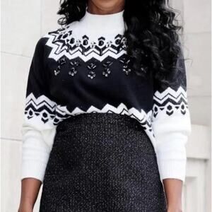Ann Taylor Black HIte Fair Isle Nordic Sequin Embellished Mock Neck Sweater XL